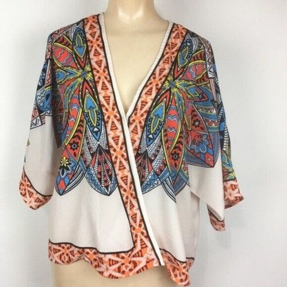 Jealous Tomato Tops - JEALOUS TOMATO boho print kimono wrap cardigan coverup blue red black ivory S